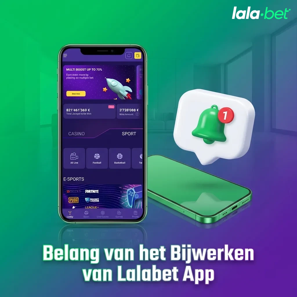 Smartphone displaying Lalabet app update notification with security and performance improvement icons