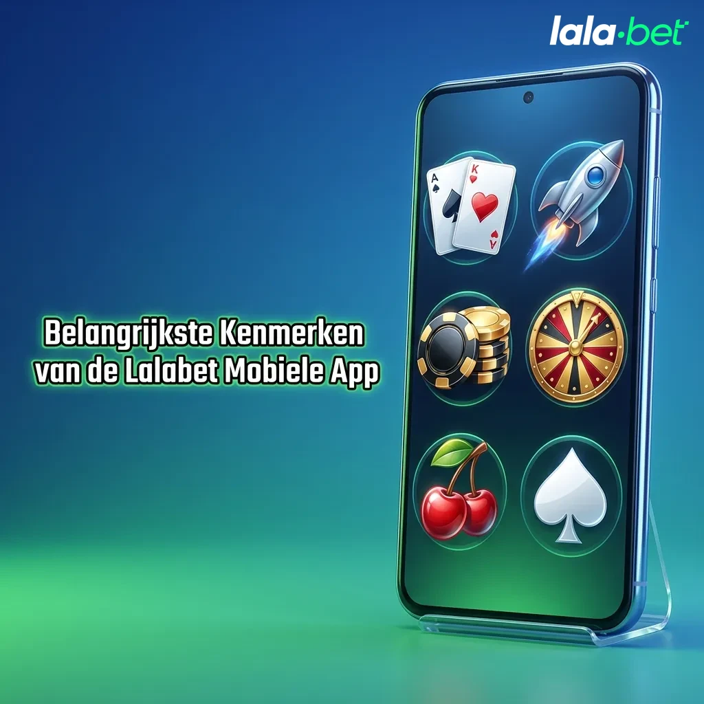 Lalabet mobile app features list showing Dutch payment methods, bonuses, and 3000+ games for Netherlands players