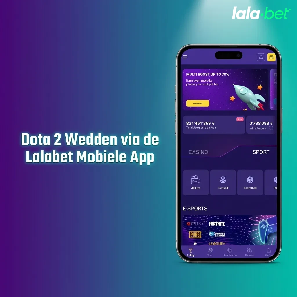 Lalabet mobile app interface showing Dota 2 betting options and esports menu on smartphone screen