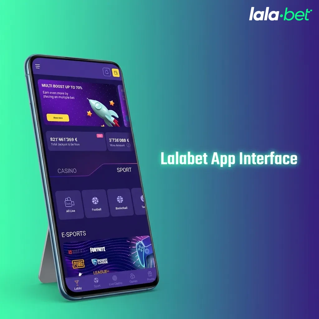 Lalabet app showing touchscreen interface with large buttons, sport categories at top, quick login, and bet slip at bottom