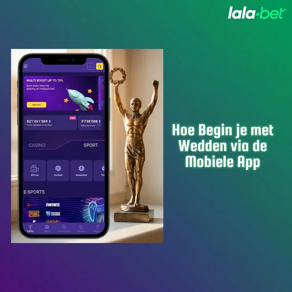 Mobiele app interface met stappen voor het plaatsen van een weddenschap, inclusief sportkeuze en inzet invoeren