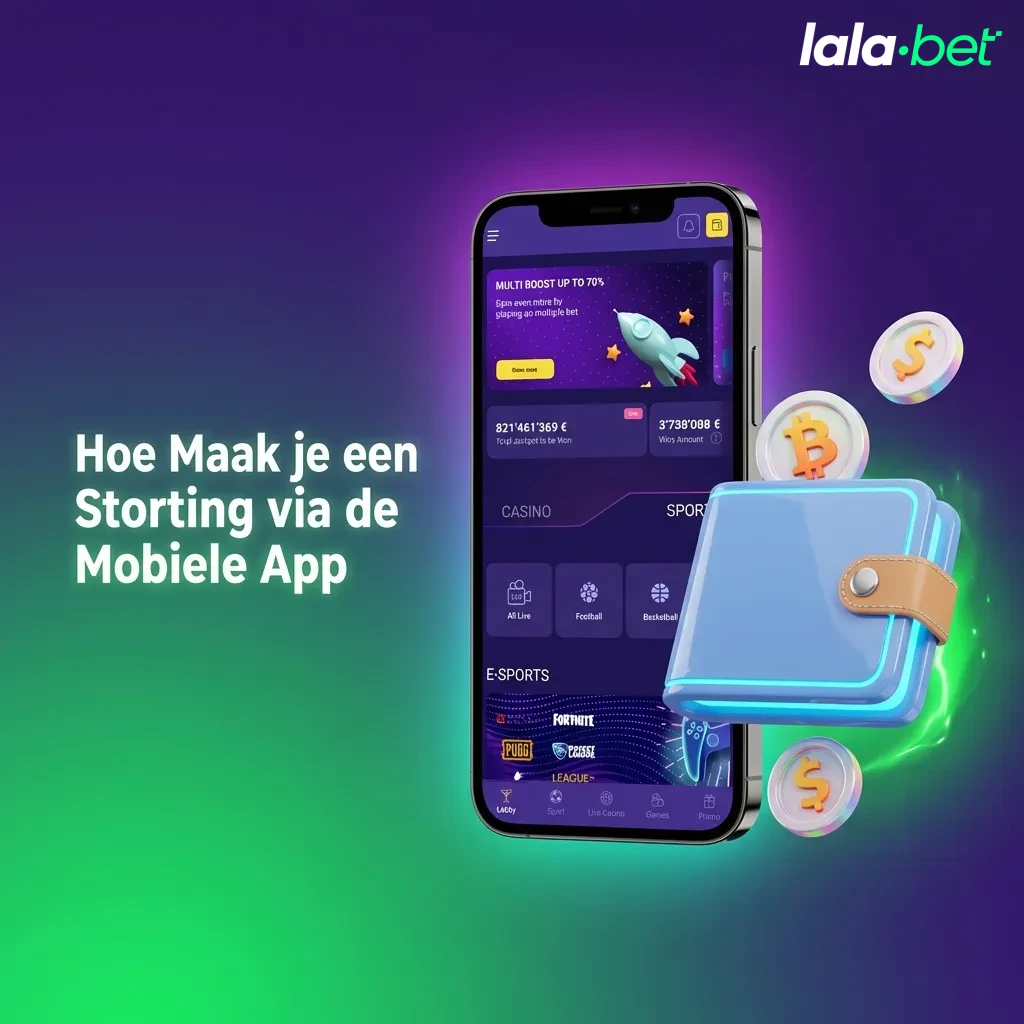 Mobiele app scherm toont vier stappen voor het storten van geld: menu openen, betaalmethode kiezen, bedrag invoeren.