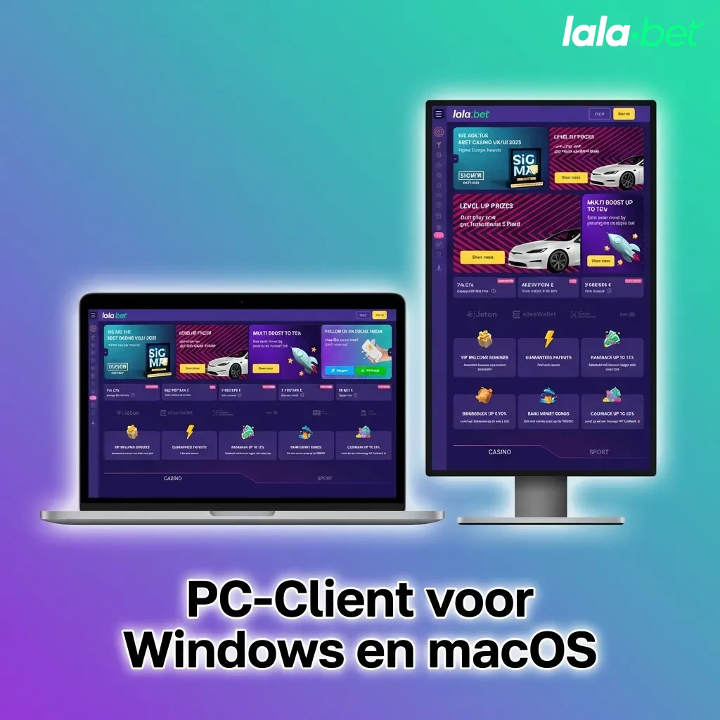 Desktopbrowser met website-interface voor weddenschappen en casinospellen op Windows en macOS