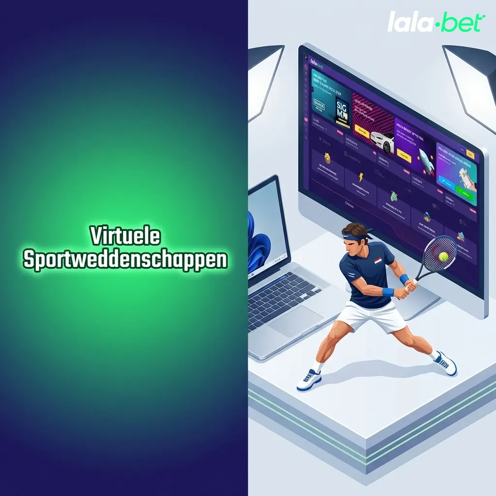 Computerscherm toont virtuele sportwedstrijden met voetbal, paardenraces en basketbal voor 24/7 online wedden.